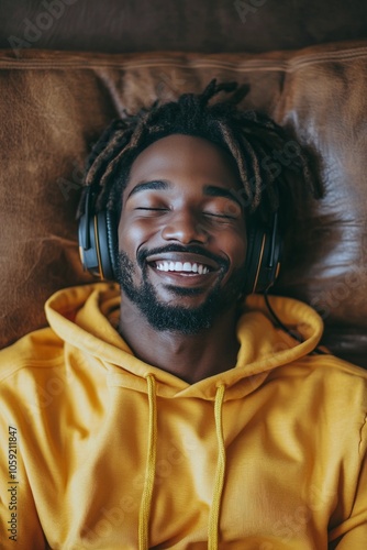 Man wearing headphones relaxes on a green couch with a smile indoors