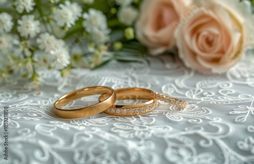 White Lace Fabric and Pink Flowers With Gold Wedding Bands on a White Background