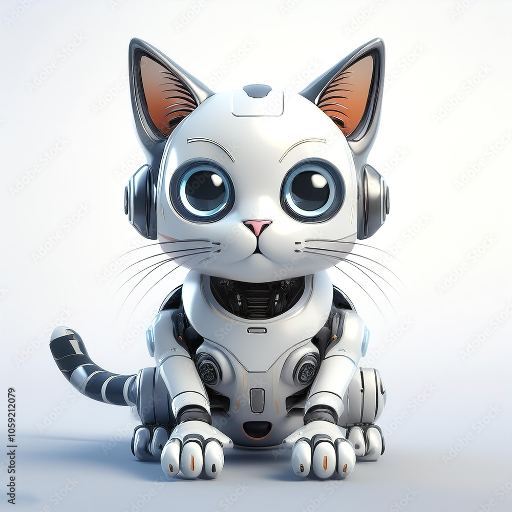 AI Cat Robot floating or flying isolated white background AI Cat Robot floating or flying isolated white background