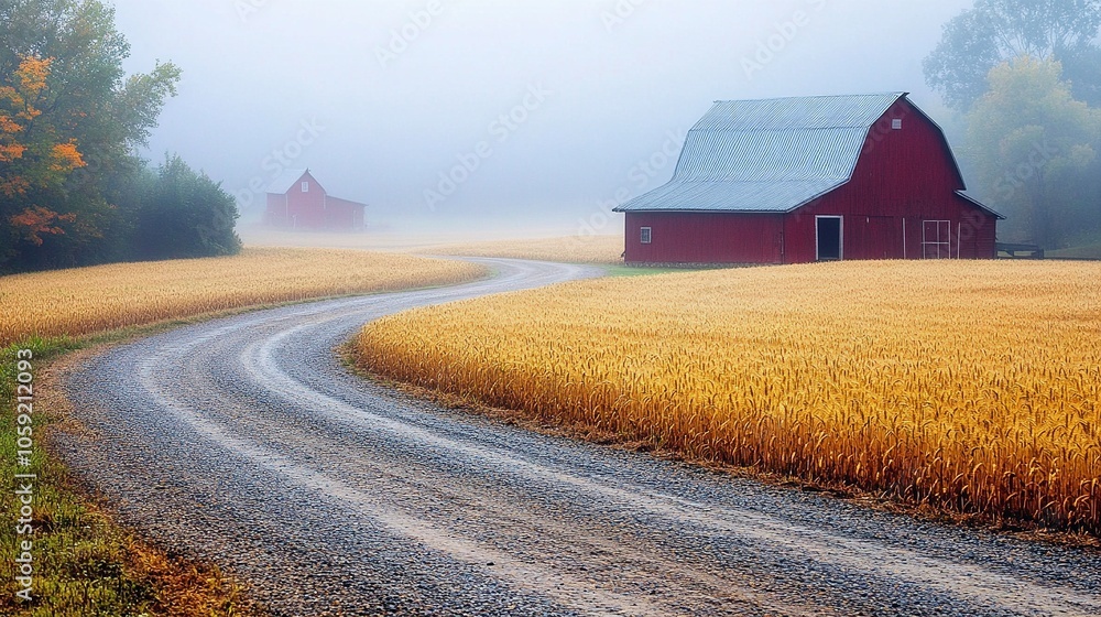 Rural Countryside Scene with Dirt Road and Red Barn in Morning Fog Rural Countryside Scene with Dirt Road and Red Barn in Morning Fog