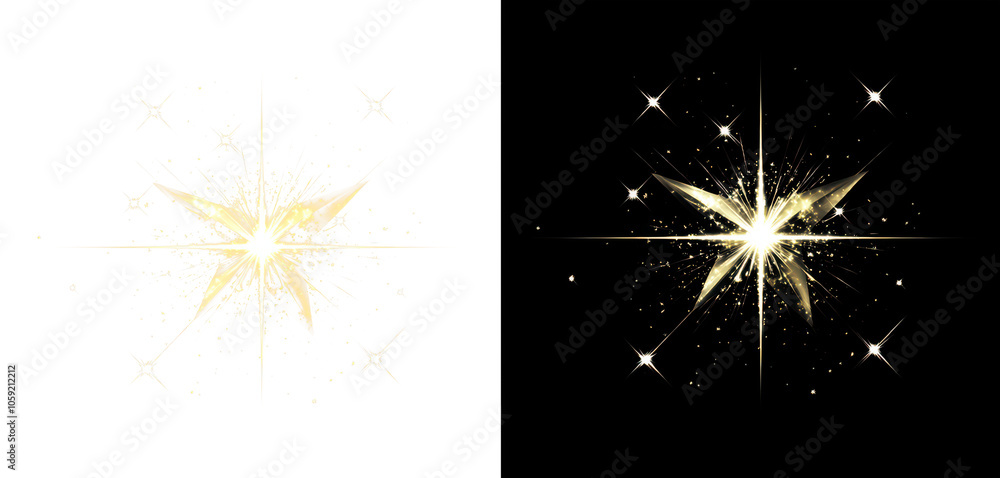 Fototapeta premium Bright golden stars isolate on transparent and black background, cutout, png