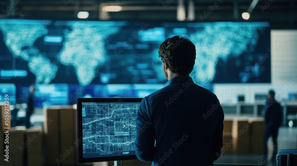 Fototapeta premium Supply chain manager overseeing transportation logistics on a screen