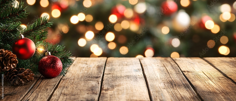 Festive wooden table with Christmas tree decorations, twinkling lights, and ornaments, creating a warm holiday atmosphere. Festive wooden table with Christmas tree decorations, twinkling lights, and ornaments, creating a warm holiday atmosphere.