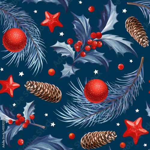 Seamless pattern with red and blue Christmas symbol. Christmas tree with cones, stars and balls on dark background. Winter vector backdrop for greeting cards, wrapping papers.
