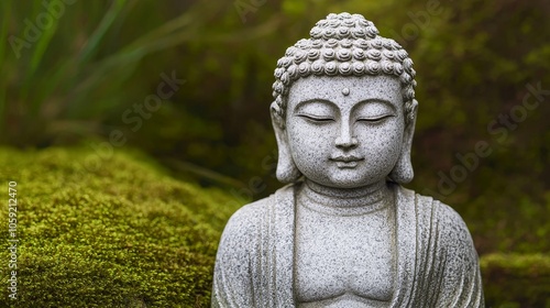 Serene Buddha statue nestled in soft green moss, symbolizing tranquility and peace.