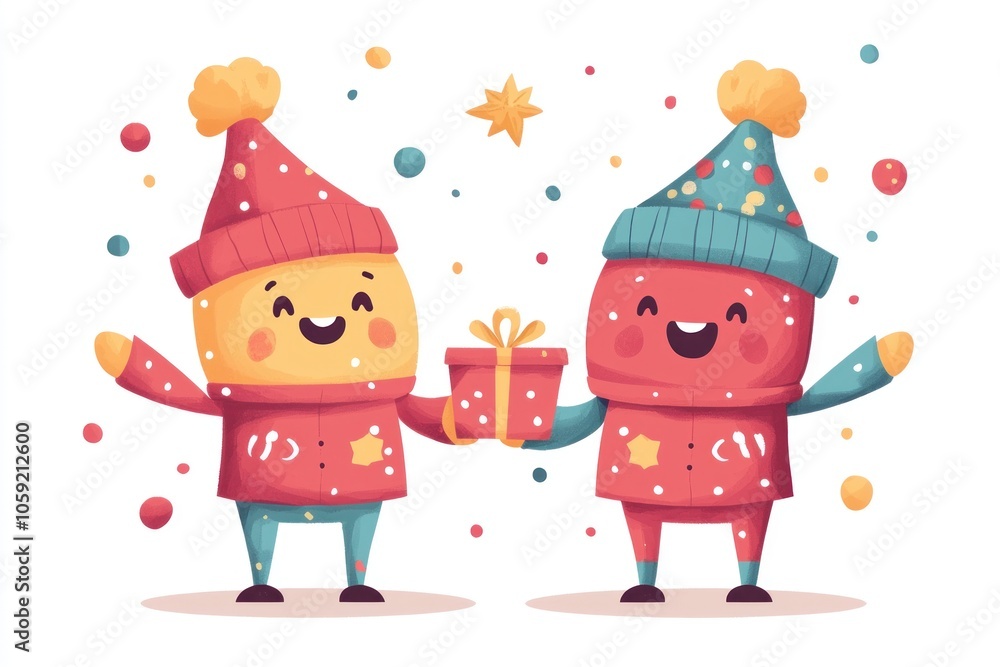 Fototapeta premium Festive New Year Character Holding Gift Box on White Background - Joyful Holiday Flat Design for Seasonal Graphics