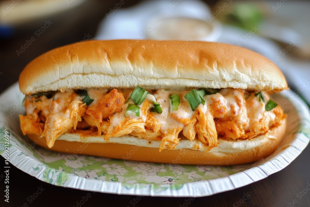 Buffalo chicken cheese sandwich on a paper dish Buffalo chicken cheese sandwich on a paper dish