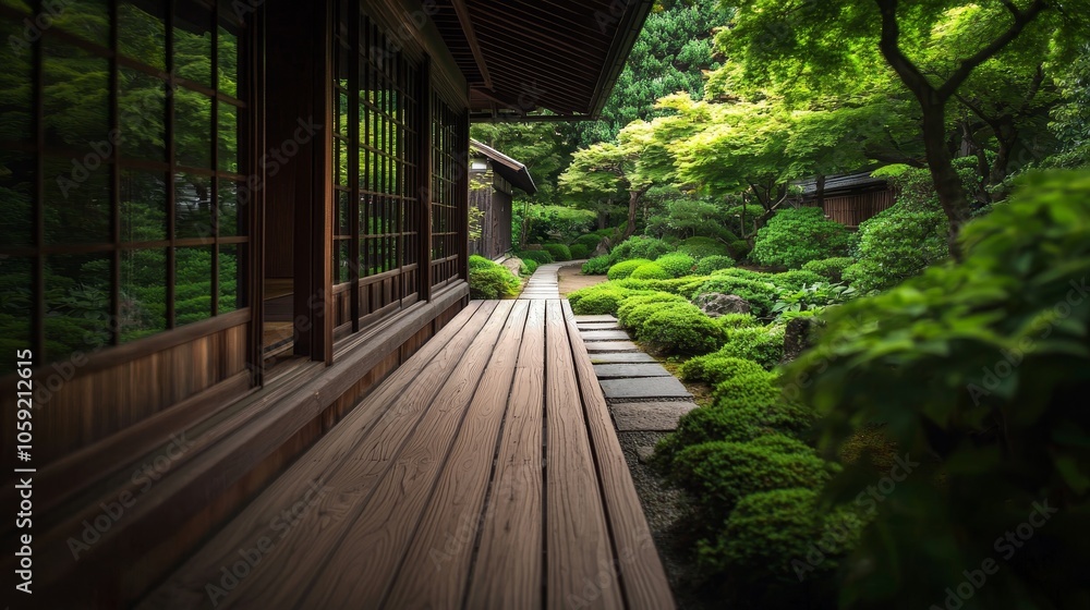 Serene garden pathway surrounded by lush greenery and traditional architecture. Serene garden pathway surrounded by lush greenery and traditional architecture.
