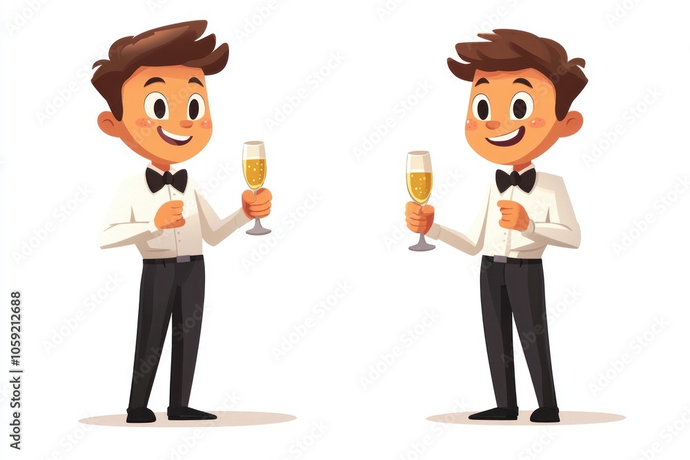 Festive Party Character Toasting with Champagne Glass in Flat 2D Design for Seasonal Graphics on White Background Festive Party Character Toasting with Champagne Glass in Flat 2D Design for Seasonal Graphics on White Background