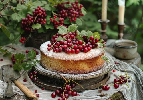 Freshly Baked Cake With Red Currants in a Summer Garden Setting