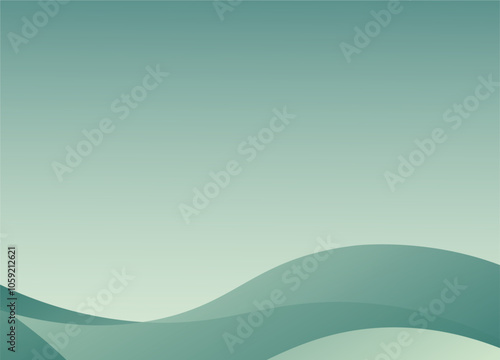 Minimalist landscape, rolling green hills, smooth curves, pastel teal sky, gradient background.