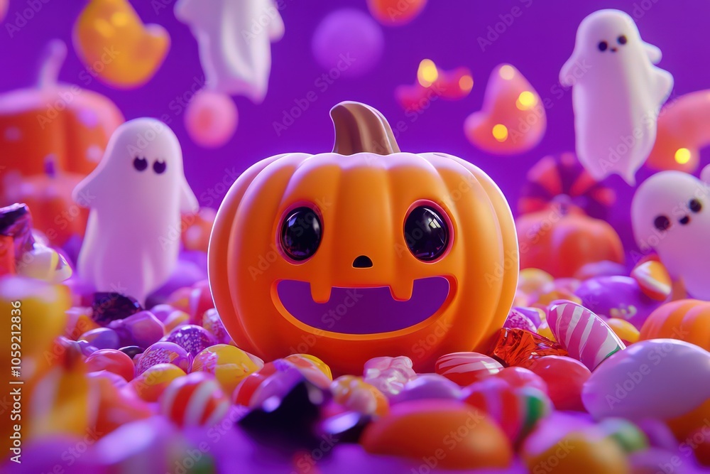 A cute cartoon pumpkin surrounded by candy and ghosts in the background, 3D render, Halloween theme, purple color background, high-quality picture, Halloween mania concept, cute style A cute cartoon pumpkin surrounded by candy and ghosts in the background, 3D render, Halloween theme, purple color background, high-quality picture, Halloween mania concept, cute style
