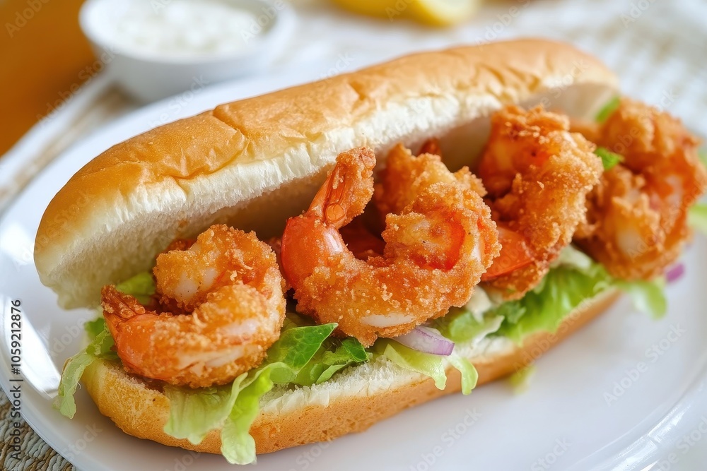 Cajun classic shrimp po boy with vegetables and mayo plus fish and chips a New Orleans staple