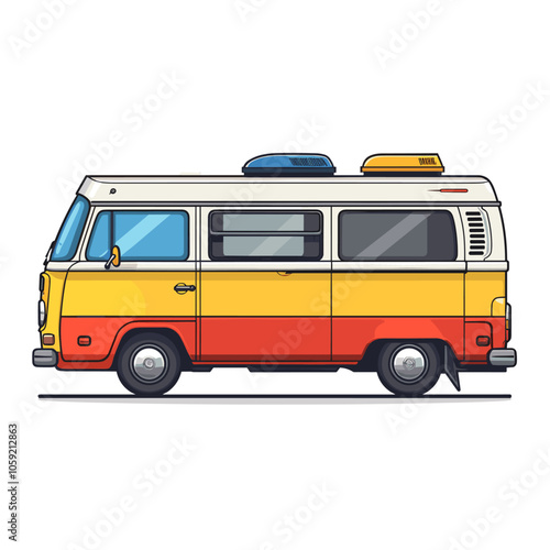 Yellow and orange van with a white roof. The van is parked on a white background. The van is a classic style and has a vintage feel to it