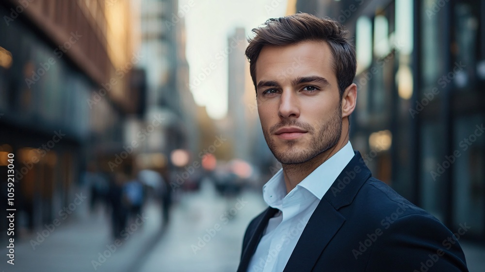 Fototapeta premium Confident young man in a business suit, standing outdoors with urban background, showcasing a professional demeanor and style.