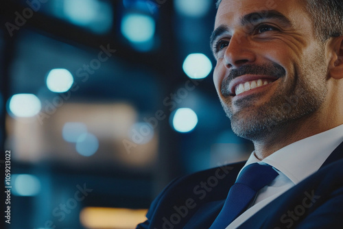 Happy businessman smiling during a nighttime meeting