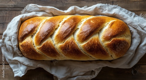 Freshly baked braided bread resting on a cloth in a rustic wooden setting