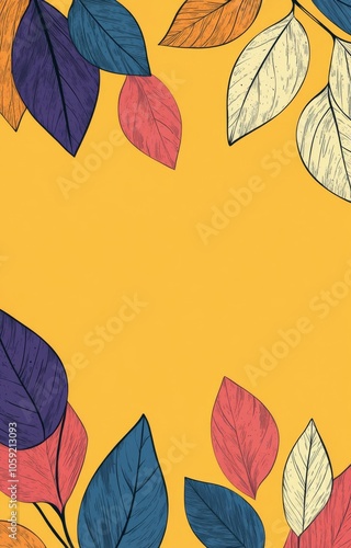 Colorful leaf patterns with vibrant hues against a bright yellow background