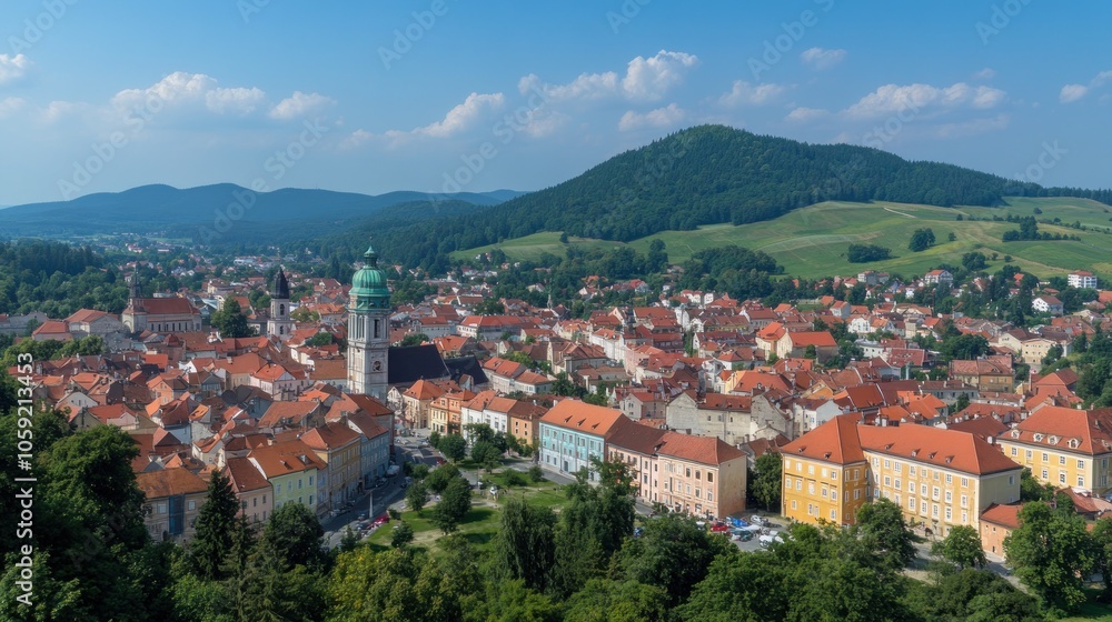 Panoramic view of a small European town nestled in a valley, with a church steeple and green hills in the background. Panoramic view of a small European town nestled in a valley, with a church steeple and green hills in the background.