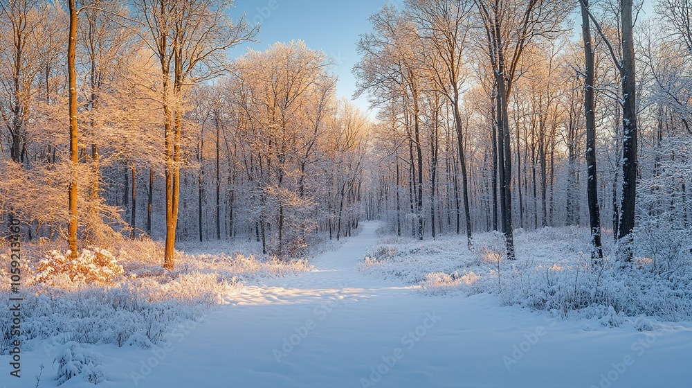 Snowy Forest in Morning with Frosty Trees and Distant Woodpecker Sound