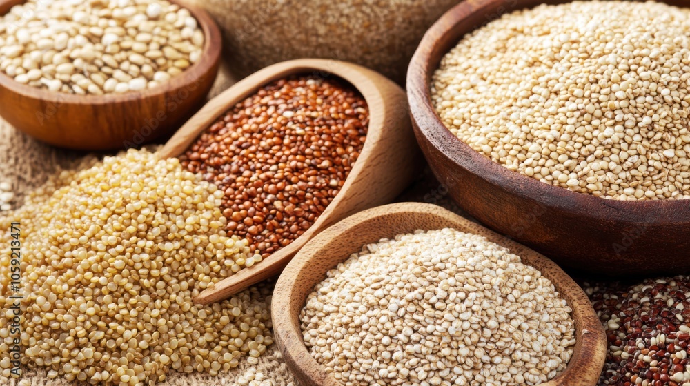 A variety of whole grains like quinoa, brown rice, and oatmeal on a table with an overlay about A variety of whole grains like quinoa, brown rice, and oatmeal on a table with an overlay about
