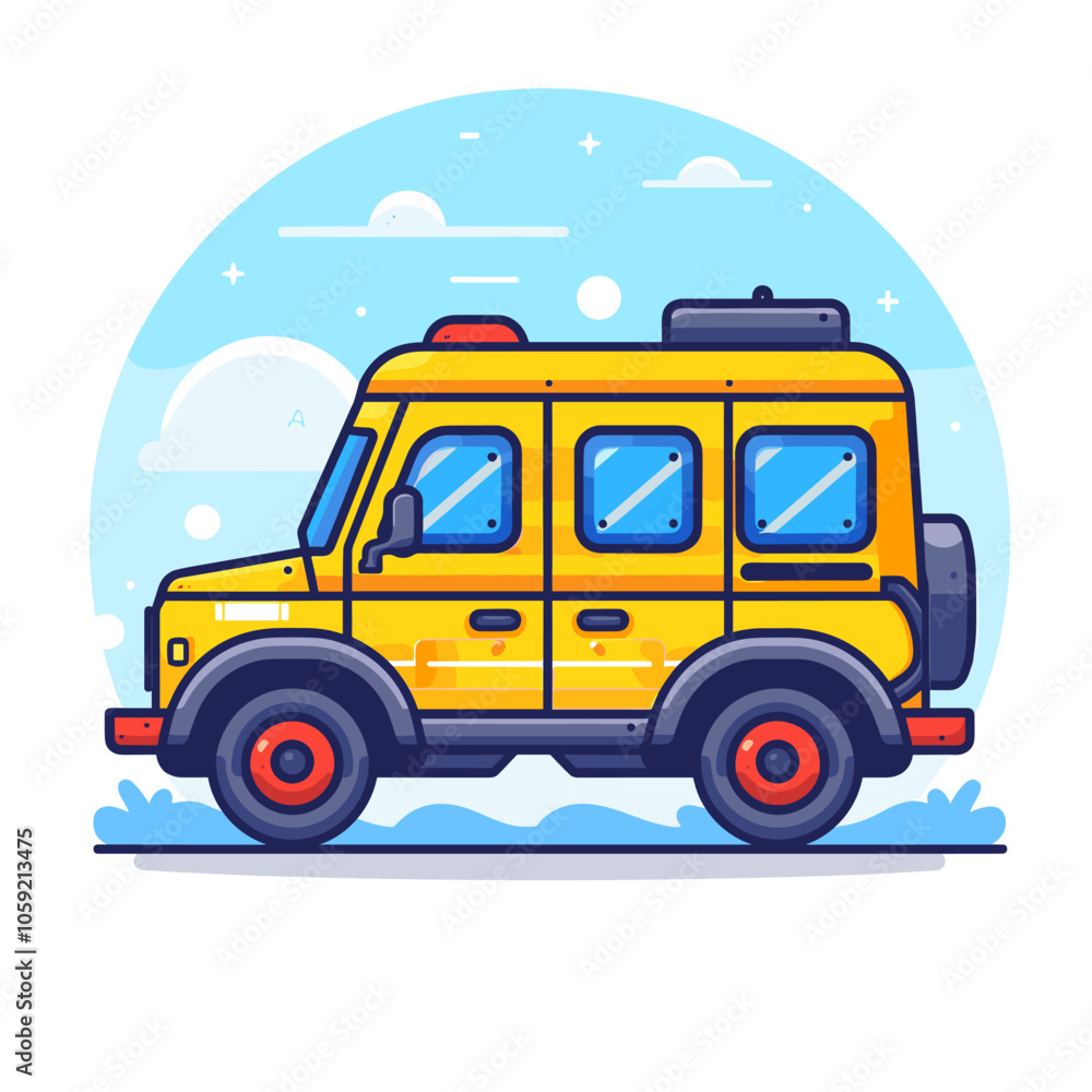 Yellow car with a red tire is driving on a snowy road. The car is a school bus, and it is driving down the road with a sense of adventure and excitement Yellow car with a red tire is driving on a snowy road. The car is a school bus, and it is driving down the road with a sense of adventure and excitement