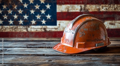 Rustic hard hat resting on wooden surface with American flag backdrop in a co...