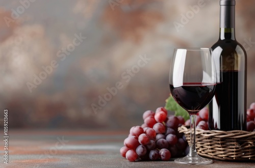 Red Wine and Grapes on Wooden Table