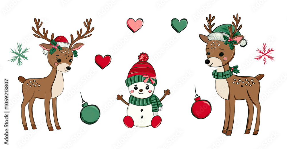 Fototapeta premium Cute Red and Green Reindeer and cute snowman Christmas .isolated on white background