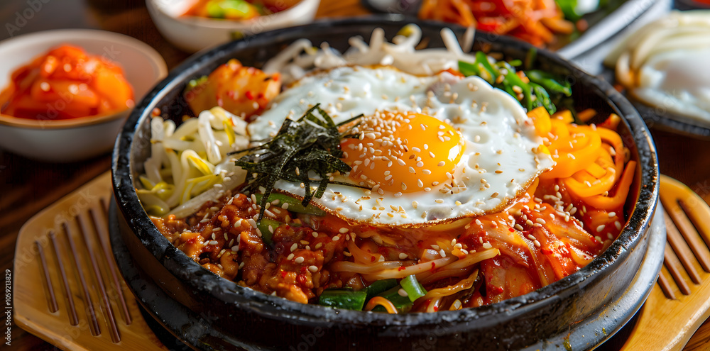 Close-up of bibimbap with rich gochujang sauce and fresh vegetables, showcasing vibrant textures Close-up of bibimbap with rich gochujang sauce and fresh vegetables, showcasing vibrant textures
