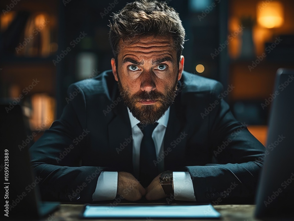 Male executive suite is alone indoors thoughtful look Male executive suite is alone indoors thoughtful look