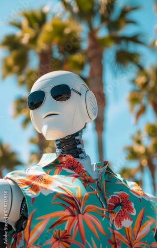 A White Robot Wearing Sunglasses And A Floral Shirt In A Tropical Setting