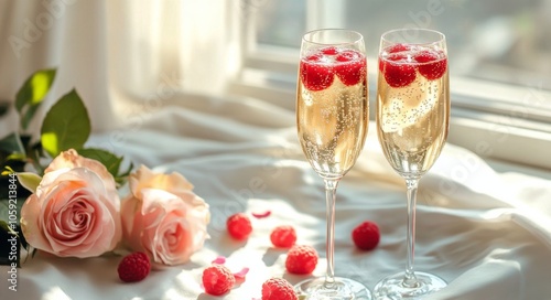 Romantic brunch setting with champagne flutes and rose petals in soft natural...