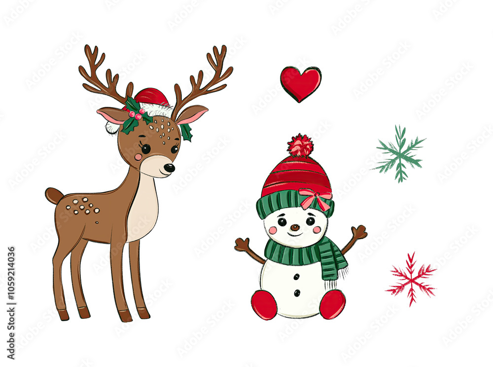 Cute Red and Green Reindeer and cute snowman Christmas .isolated on white background Cute Red and Green Reindeer and cute snowman Christmas .isolated on white background
