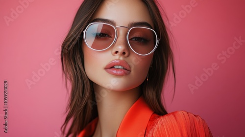 Young woman wearing stylish sunglasses and a vibrant orange top against a pin...