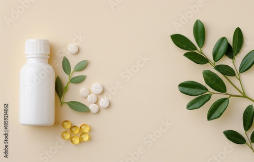 White Bottle and Pills With Green Leaves