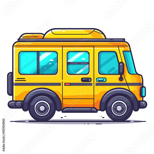 Yellow school bus with a roof on top. The bus is parked on a white background. The yellow color of the bus gives a cheerful and bright mood to the image