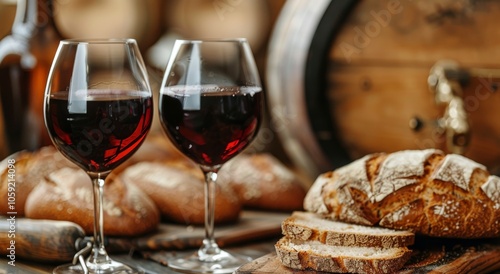 Two Glasses of Red Wine With Freshly Baked Bread and Grapes on Wooden Table