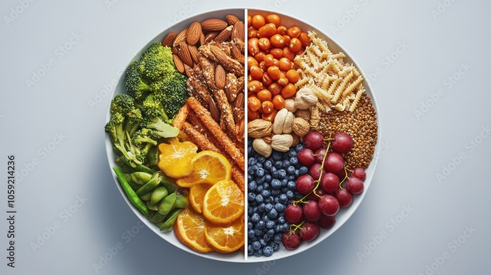 A visual comparison of a high-fiber and low-fiber diet, showing how different meal choices impact A visual comparison of a high-fiber and low-fiber diet, showing how different meal choices impact