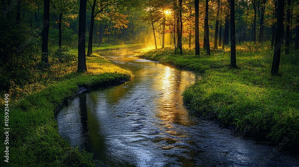 Obraz premium Tranquil River Flowing Through Forest with Sunlight Reflections