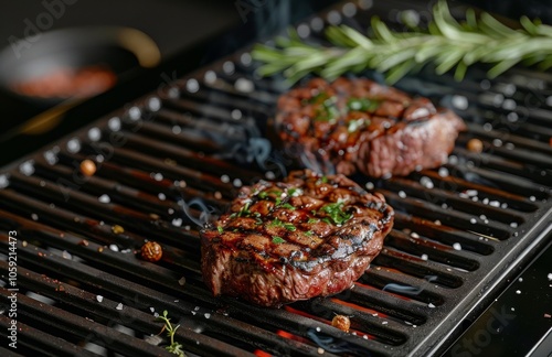 Close Up of Two Grilled Steaks on a Black Grill