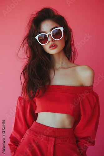 Young woman in red outfit poses against a pink background during daylight
