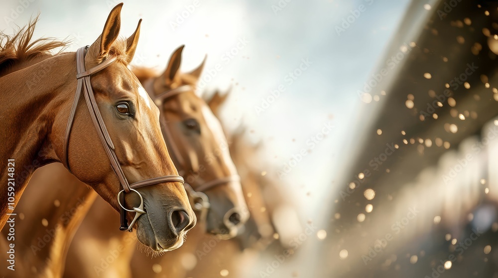 Fototapeta premium Horses lined up at the starting gate, ready to race in the Melbourne Cup, tension in the air