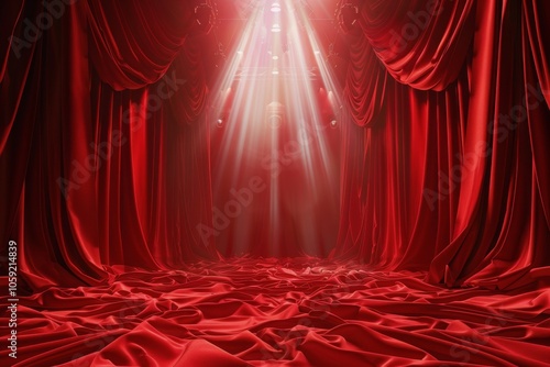 Red Stage Curtains With Spotlights and Falling Petals
