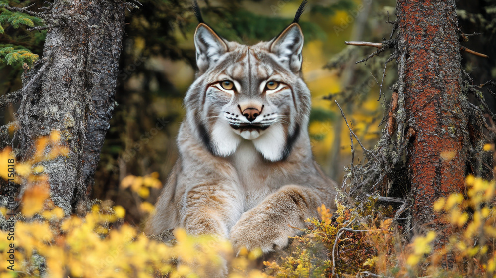 Fototapeta premium A Canadian lynx is hiding in the forest. It's sitting and looking right at the camera. The photo was taken in Whitehorse, Yukon, Canada.