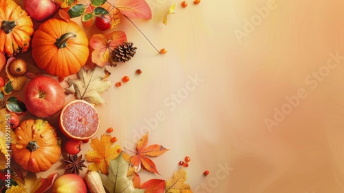 Autumnal Fruit and Leaves on Wooden Surface