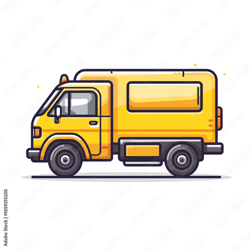 Yellow truck is driving down the road. The truck is yellow and has a red light on top Yellow truck is driving down the road. The truck is yellow and has a red light on top