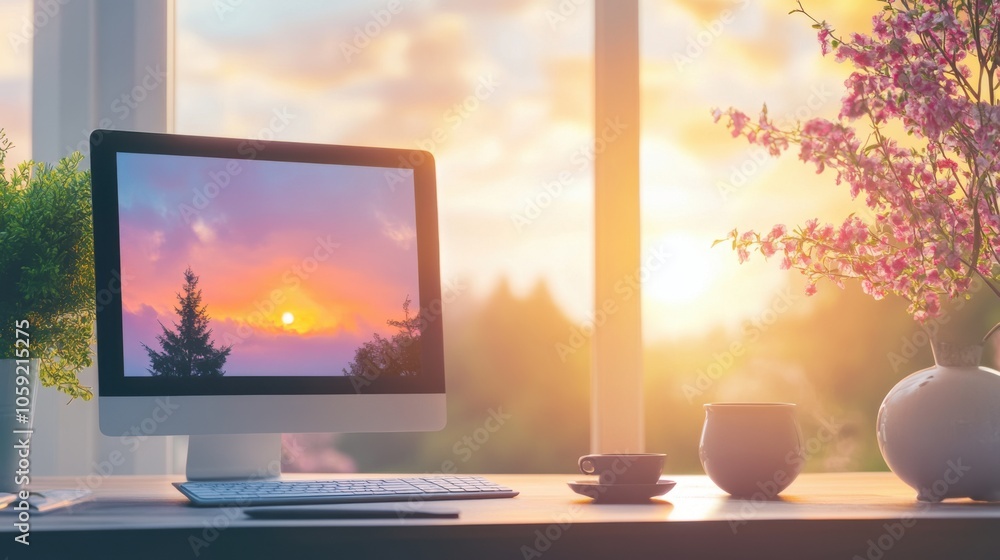 Fototapeta premium A workspace with a computer displaying a midday guided meditation for focus and