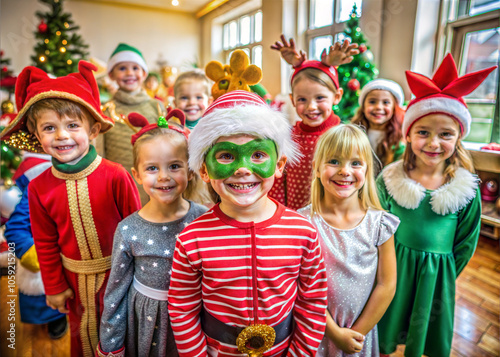 Happy children in Christmas fancy dresses celebrating Christmas in kindergarten. Christmas matinee in kindergarten. Ai generated image