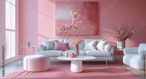 Modern Living Room Interior Design With Pink Walls and White Furniture